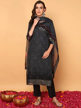 Women Black Organza Floral Embroidered Straight Kurta Trouser With Dupatta